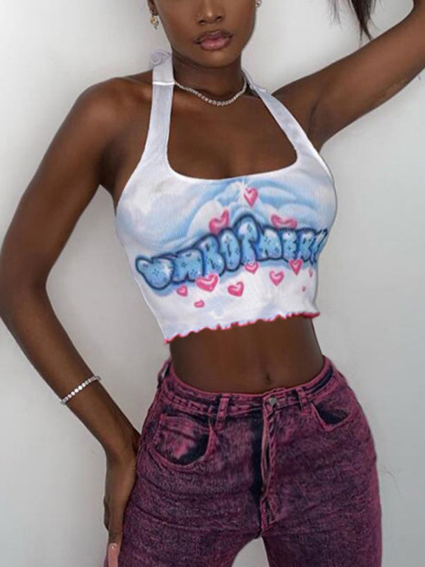 Halter Letter Heart Print Crop Top