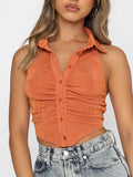 Halter Polo Collar Cropped Pleated Top