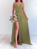 Solid Color V Neck Spaghetti Strap Slit Dress