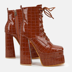 Embossed Croco Trim Lace Up Chunky Platform Ankle Boots - Brown