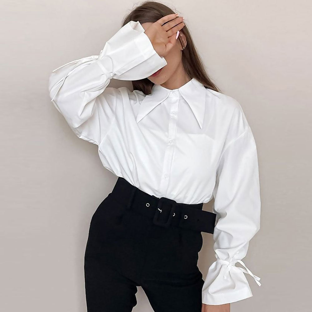 Enchanting Pointed Collar Button Down Drop Shoulder Bishop Sleeve Blouse - White