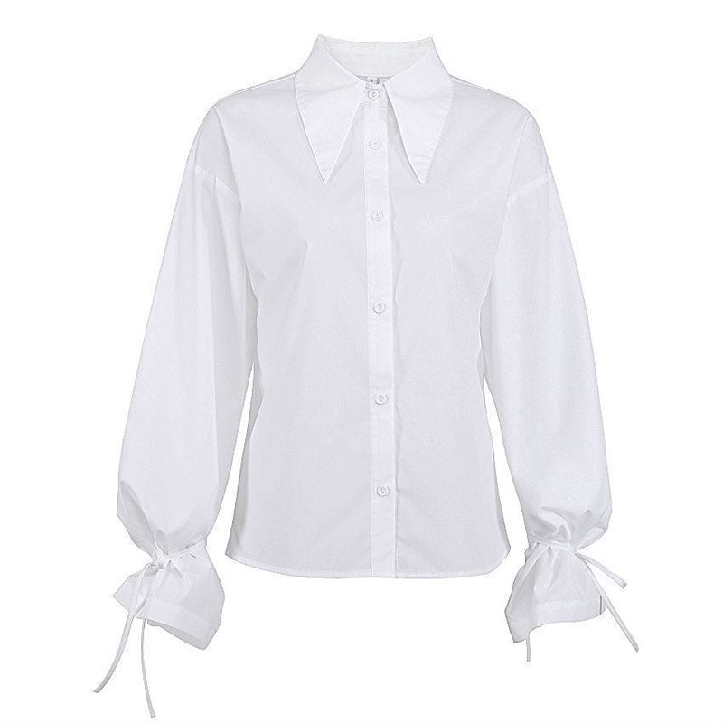Enchanting Pointed Collar Button Down Drop Shoulder Bishop Sleeve Blouse - White