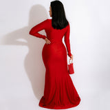 Fabulous Ruched Deep V Long Sleeve Split Trim Fishtail Formal Maxi Dress - Red