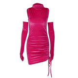 Fabulous Velvet Glove High Neck Ruched Bodycon Party Mini Dress - Hot Pink