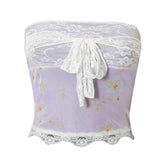 Feminine Floral Tie Strap Sheer Lace Mesh Crop Tube Top - Lilac