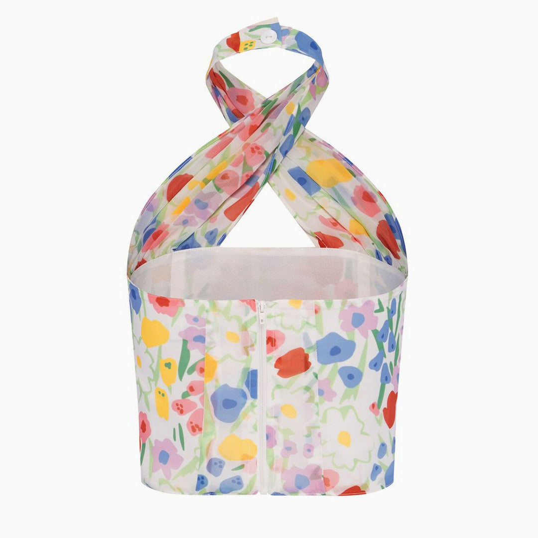 Cute Floral Printed Cross Halter Zip Back Crop Tube Top - Colorful