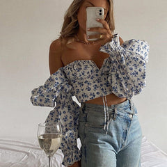 Cute Bustier Tied Front Floral Printed Puff Sleeve Crop Top - White