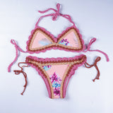 Floral Crochet Halter Triangle Bikini Set - Flower