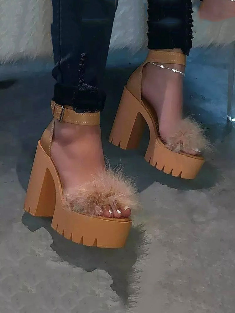 Fluffy Upper Chunky Heels Sandals