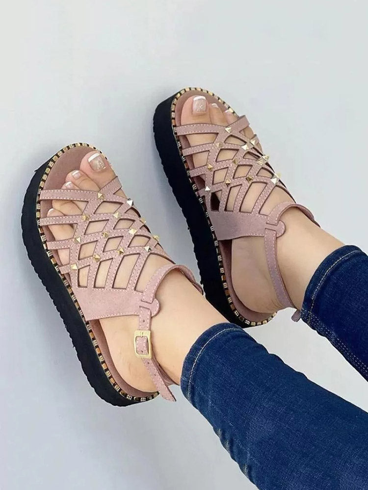 Hollow-Out Rivet Flat Sandals