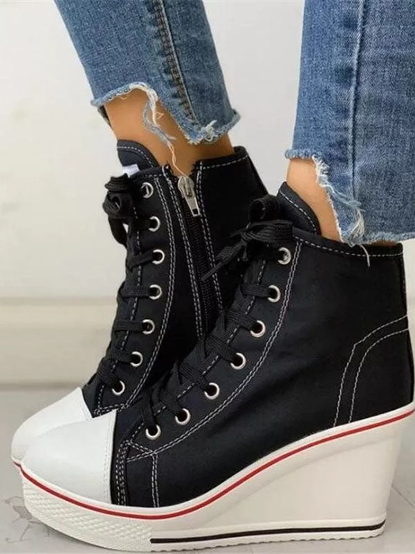 Lace-Up Thick Soled Heel Canvas Sneakers