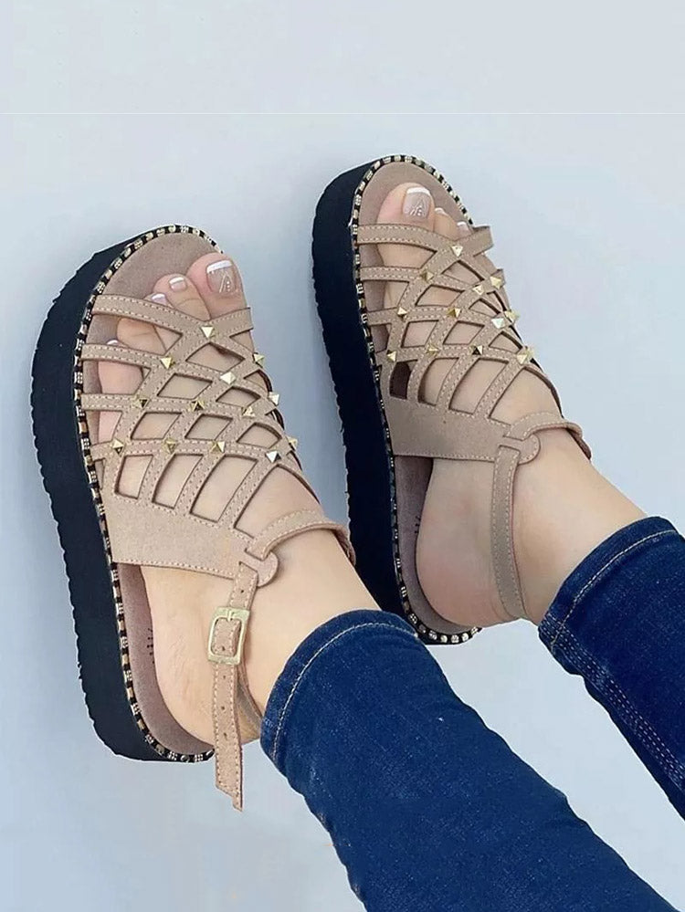 Hollow-Out Rivet Flat Sandals