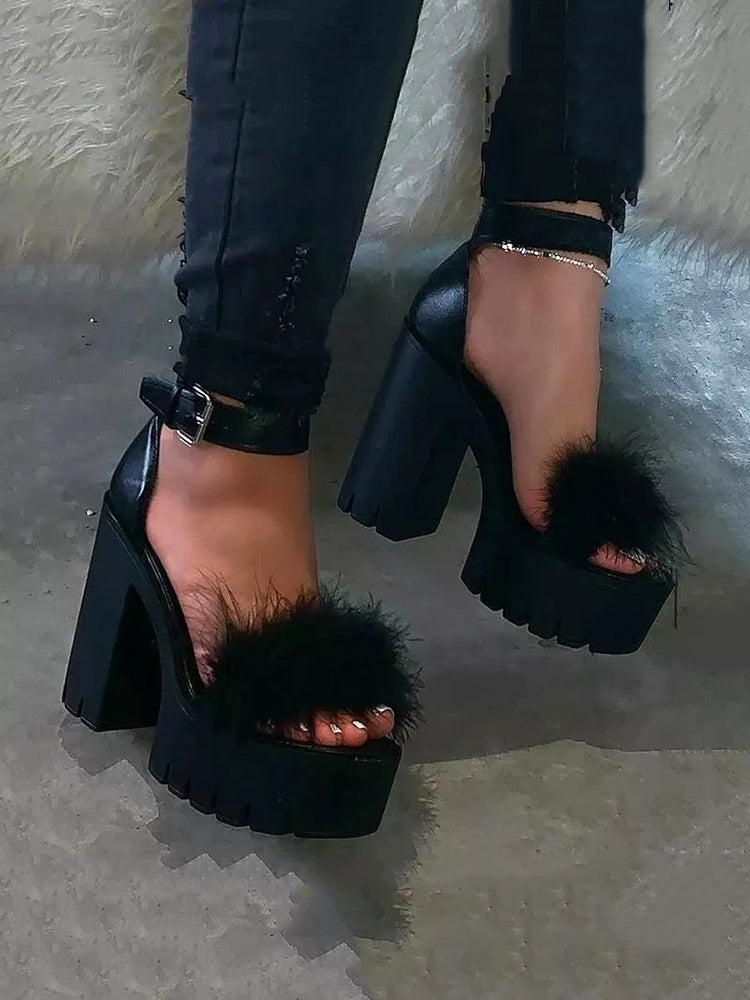 Fluffy Upper Chunky Heels Sandals