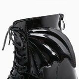 Playful Wing Lace Up Zip Back Chunky Heel Platform Boots - Black
