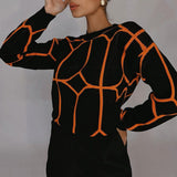 Geometric Pattern Crew Neck Drop Shoulder Long Sleeve Sweater - Black
