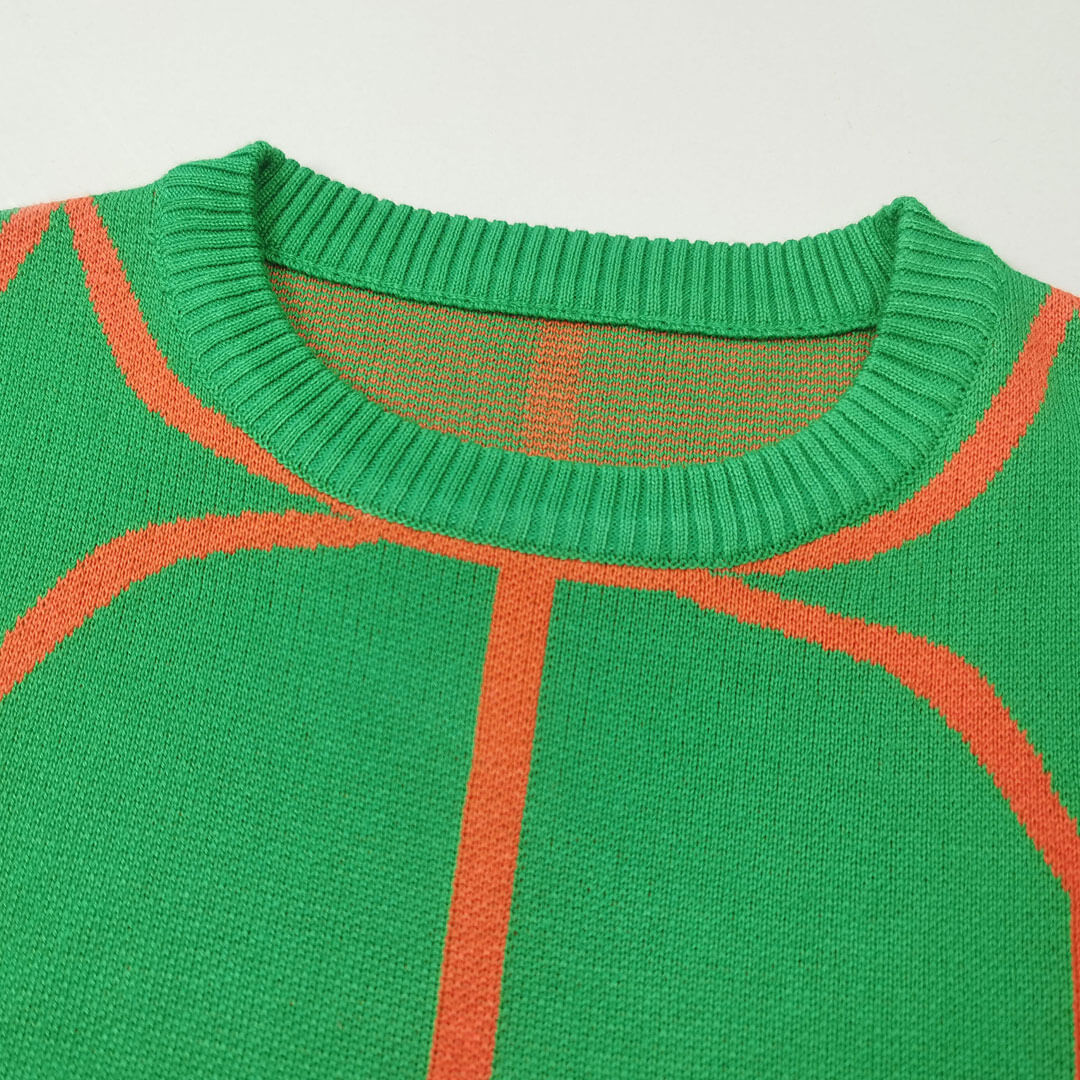 Geometric Pattern Crew Neck Drop Shoulder Long Sleeve Sweater - Green