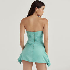 Glamorous Satin Rüschen Trägerloses Korsett Party Minikleid - Aquamarin