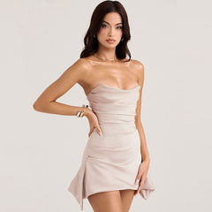 Glamorous Satin Rüschen Trägerloses Korsett Party Minikleid - Champagner