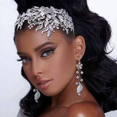 Gleaming Flower Trim Embossed Leaf Rhinestone Embellished Hair Comb - Silver