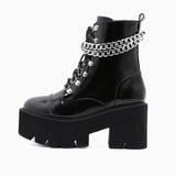 Glossy Chain-Link Lace Up Chunky Heel Platform Boots - Black