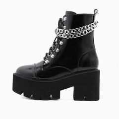 Botas de plataforma con tacón grueso y cordones con cadena brillante - Negro