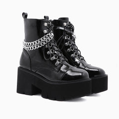 Botas de plataforma con tacón grueso y cordones con cadena brillante - Negro