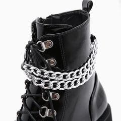 Botas de plataforma con tacón grueso y cordones con cadena brillante - Negro