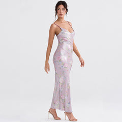 Glossy Flower Print V Neck Sleeveless Bodycon Maxi Dress - Pink