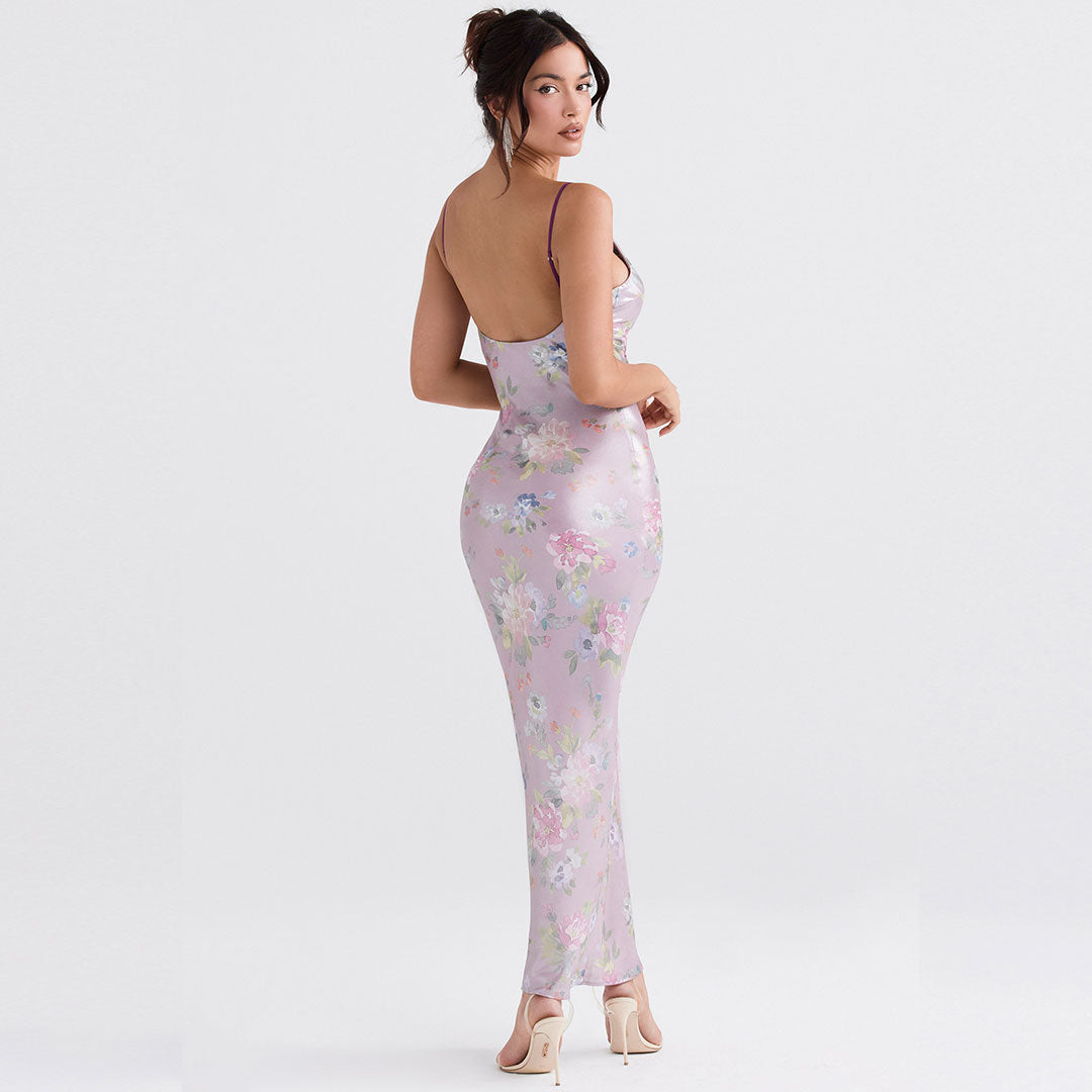 Glossy Flower Print V Neck Sleeveless Bodycon Maxi Dress - Pink