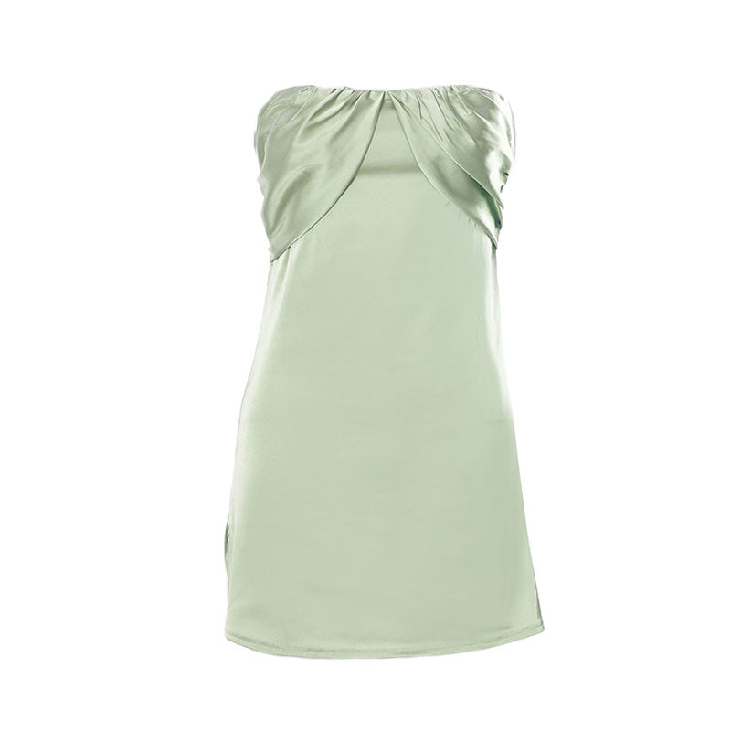 Glossy Ruched Trim Side Split Strapless Bodycon Mini Dress - Green