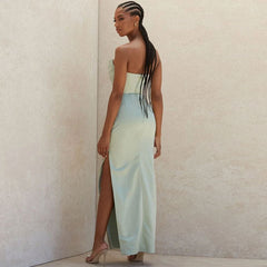 Cowl Neck Strapless Slit Maxi Evening Dress - Green