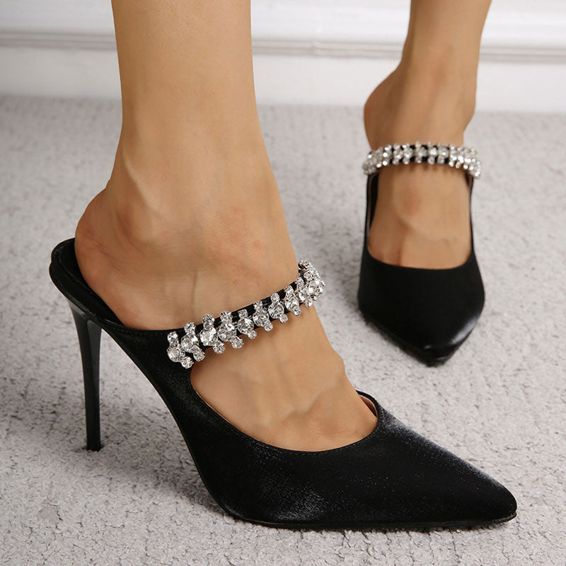 Crystal Embellished Strap Pointed Toe High Heel Pumps - Black