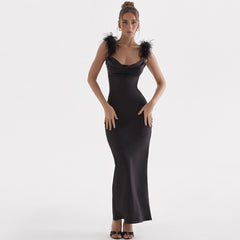 Faux Feather Trim Cowl Neck Sleeveless Gown Maxi Dress - Black