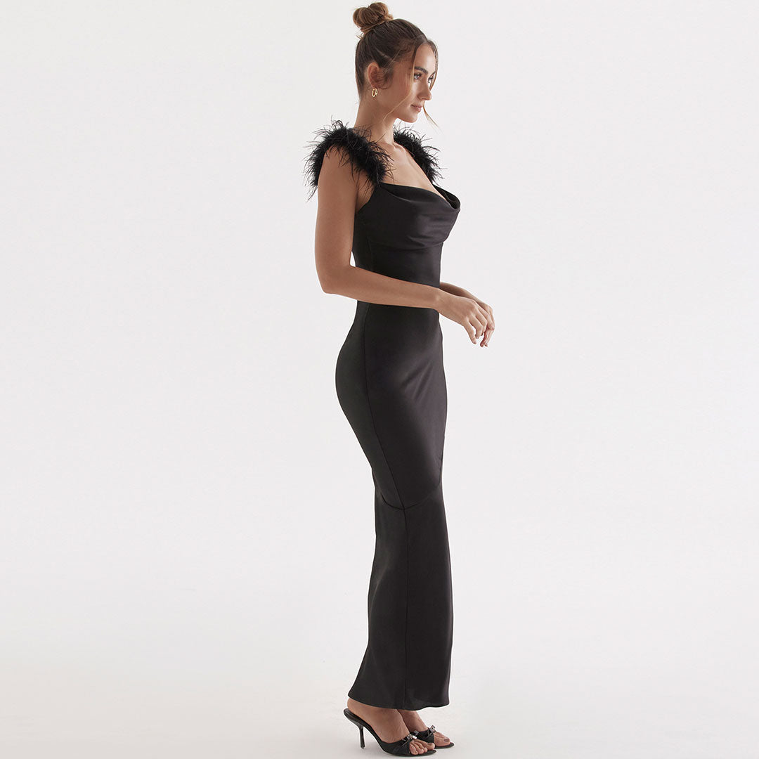 Faux Feather Trim Cowl Neck Sleeveless Gown Maxi Dress - Black