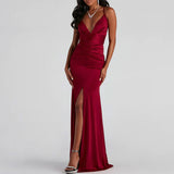 Ruched Deep V High Slit Backless Maxi Dress - Red