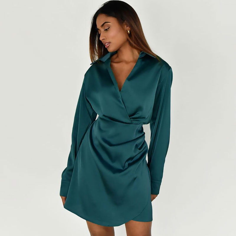 Ruched Spread Collar V Neck Long Sleeve Shirt Mini Dress - Teal Green