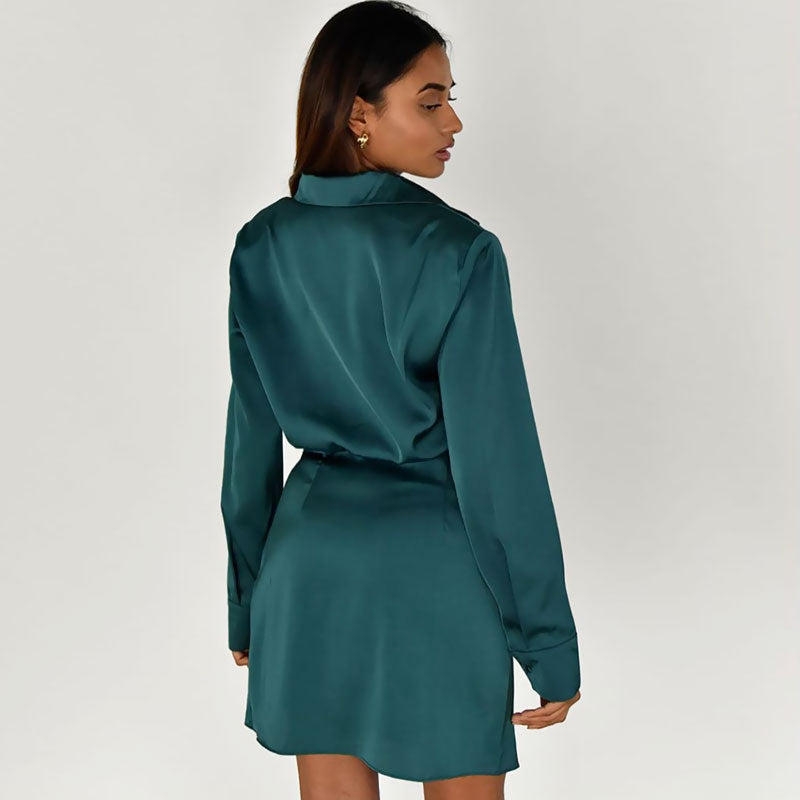 Ruched Spread Collar V Neck Long Sleeve Shirt Mini Dress - Teal Green