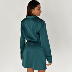 Ruched Spread Collar V Neck Long Sleeve Shirt Mini Dress - Teal Green