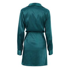 Ruched Spread Collar V Neck Long Sleeve Shirt Mini Dress - Teal Green