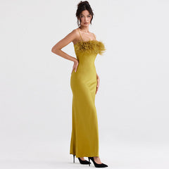 Solid Color Faux Feather Slip Evening Maxi Dress - Green