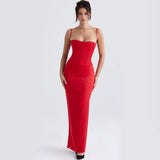 Solid Color Sleeveless Corset Evening Maxi Dress - Red
