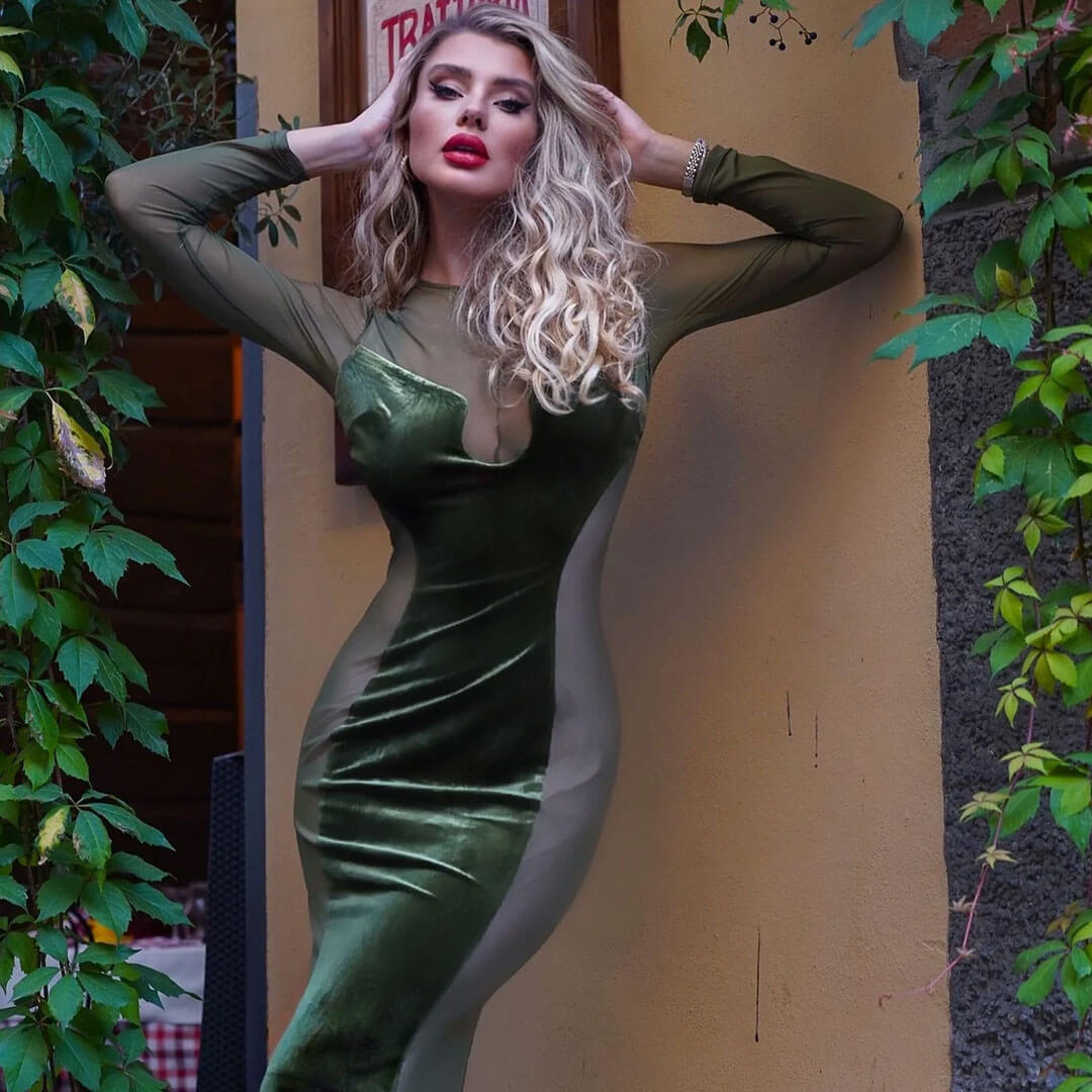 Velvet Mock Neck Long Sleeve Sheer Maxi Dress - Green
