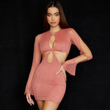 Round Neck Long Sleeve Cut Out Bodycon Mini Dress - Coral Pink