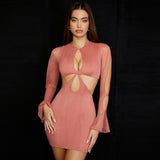 Round Neck Long Sleeve Cut Out Bodycon Mini Dress - Coral Pink