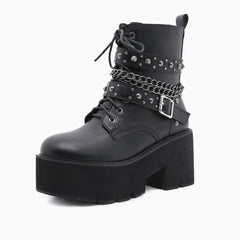 Botas de plataforma con cadena y hebillas de tachuelas góticas - Negro