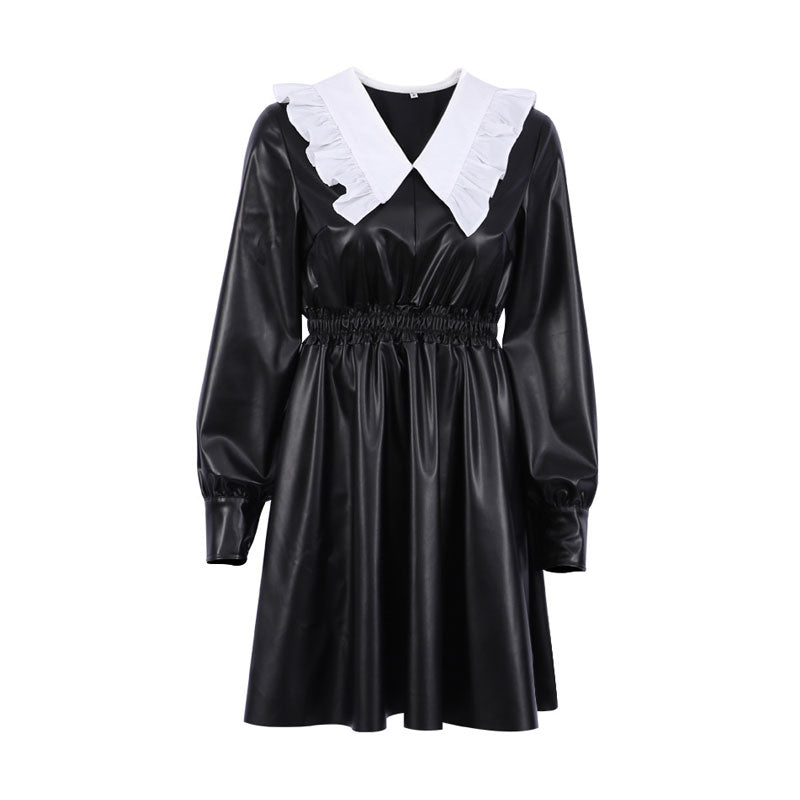 Minivestido de cuero estilo gótico estilo Peter Pan con mangas largas - Negro