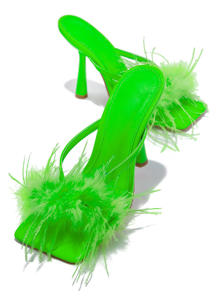 Feather Fur High Heel Mules