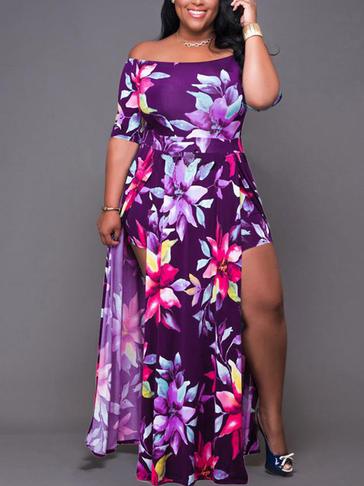 Floral Print Cold Shoulder Slit Dress