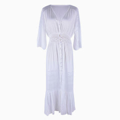 Deep V Button Up Sleeved Lace Panel Midi Cover Up - White