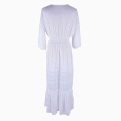 Deep V Button Up Sleeved Lace Panel Midi Cover Up - White